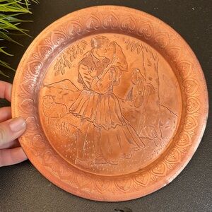 Vintage Copper-Tone Decorative Wall Plate - Rustic Folk Couple Design